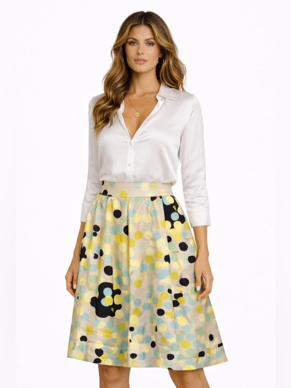 Silk Polka Dot Skirt Italy 42 (S) Pleated A-Line Lined Elegant Trendy